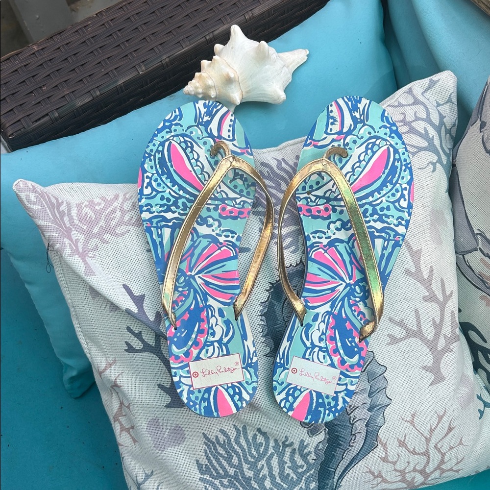 Lilly Pulitzer Blue and Pink Flip Flops with Gold Straps Sz 10